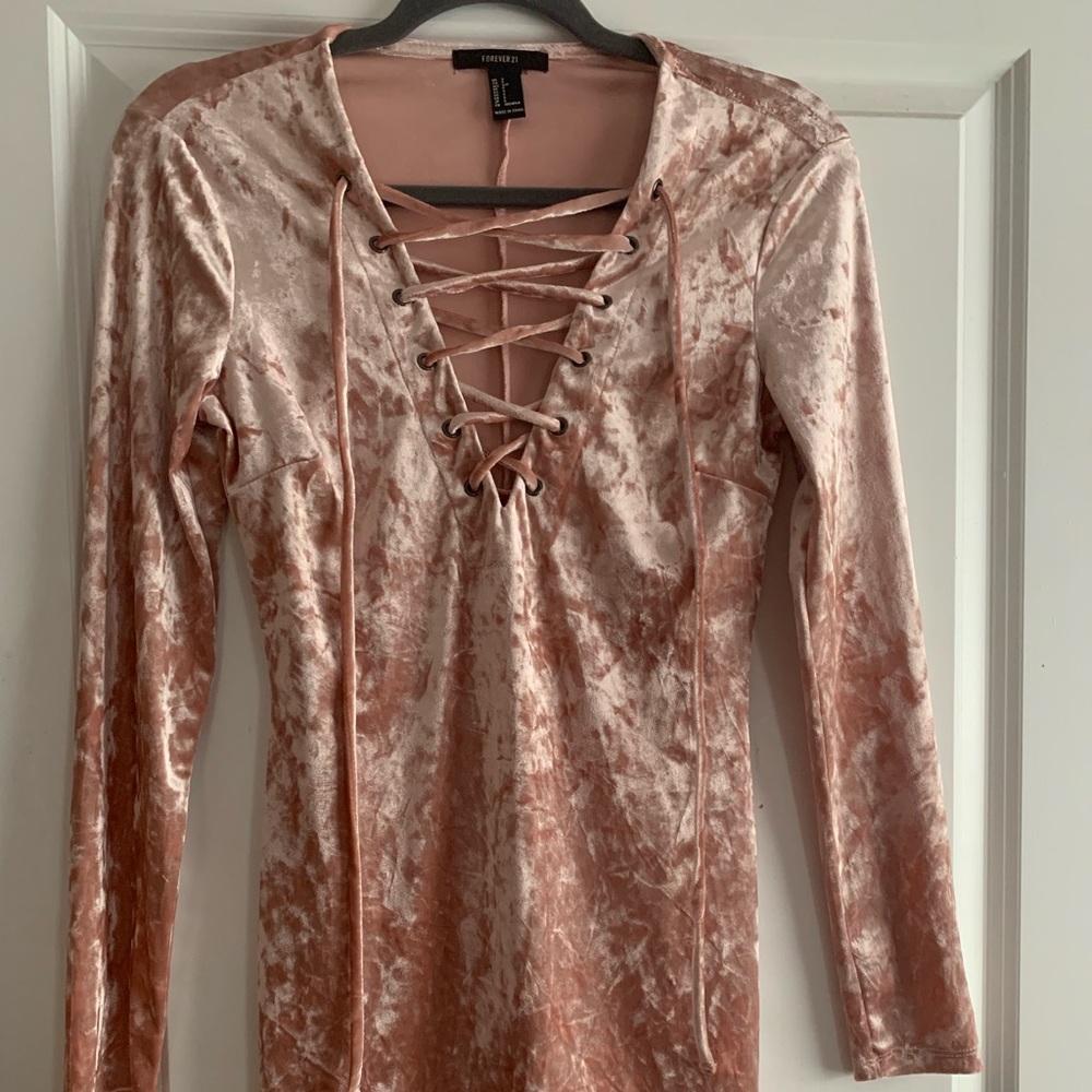 Cute Blush Velvet Dress with Lace Up Front